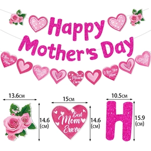 Pink glitter Happy Mother's Day banner set with floral hearts for festive party decoration