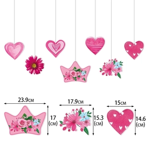 Detailed dimensions of pink floral, crown and heart party hangings for Mother's Day decor