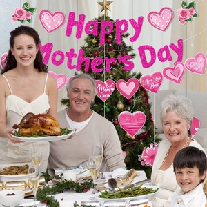 Glittery Happy Mother's Day banner set with floral heart party decorations for home