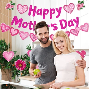 Glittery Happy Mother's Day banner set with floral heart charms in a cozy kitchen setting
