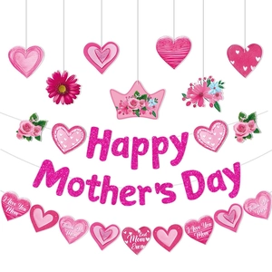 Happy Mother's Day Banner Glitter Pink Heart Floral Hanging Decorations Paper Bunting For Mother's Day Birthday Party Decor