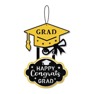 Graduation party door hanger featuring a yellow mortarboard and Happy Congrats Grad sign