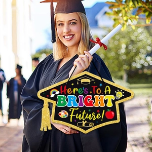 Doctoral cap graduation door sign with Here's To A BRIGHT Future slogan for school party