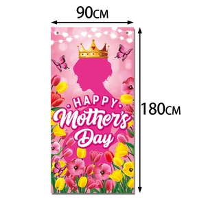 Pink Mother's Day door banner with floral female silhouette and 90x180cm size guide