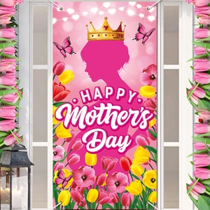 Happy Mother's Day Door Banner Pink Polyester Fabric Floral Tulip Butterfly Queen Silhouette Crown Party Backdrop Decoration