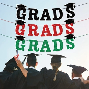 Class of 2026 graduation party banner with glitter GRADS letters and mortarboard icons