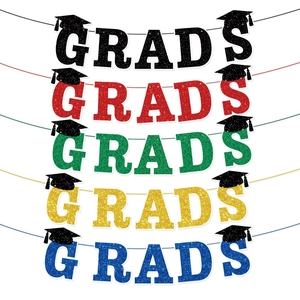 Grads Banner Glitter Paper Graduation Party Decoration Doctoral Cap Design Classroom Home Wall Decor Celebration Garland