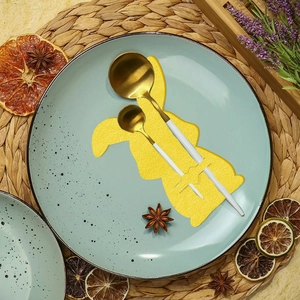 Easter bunny cutlery bag with yellow felt rabbit design and gold-white spoons set