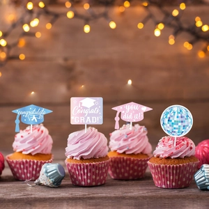 Disco style graduation cupcake toppers with glitter cap and congrats grad sign set