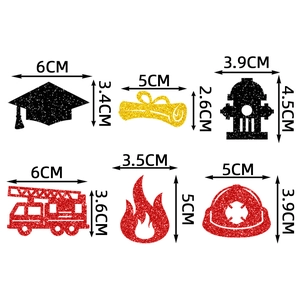 Glitter firefighter graduation cupcake toppers set with fire truck and helmet shapes