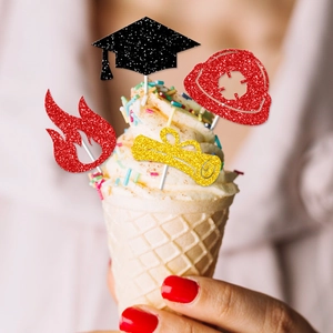 Firefighter graduation cake toppers with glitter fire helmet and diploma picks