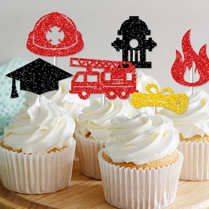Glittery firefighter and graduation cake toppers set displayed on cupcakes for 2026 party