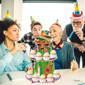 3-tier cardboard cupcake stand with Mexican Fiesta theme featuring cactus and llama