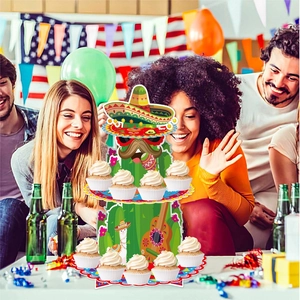 Three-tier Mexican fiesta cupcake stand with cactus and llama designs for party decor