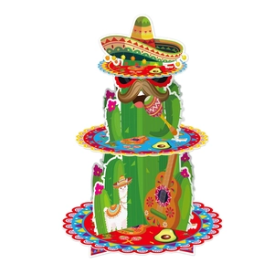 3-tier Mexican cactus cupcake stand with sombrero and taco patterns for party decor