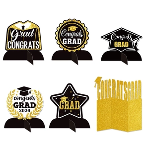 Set 6 decorazioni tavola laurea 2026 con glitter dorati e supporti neri stabili