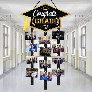 Congrats GRAD Graduation Party Door Hanging Photo DIY Decoration Black Gold Doctoral Hat Banner Display With Clips