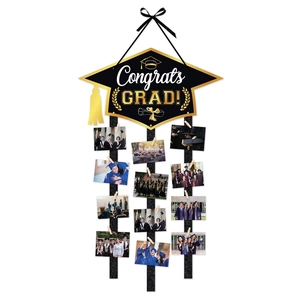 2026 Graduation party photo display hanger with black gold Congrats Grad banner decoration