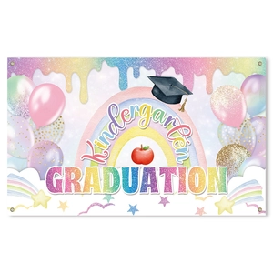 Colorful kindergarten graduation backdrop with rainbow, balloons and mortarboard motifs