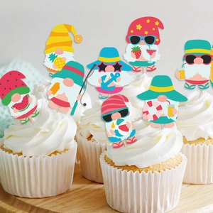 Summer beach gnomes cake toppers featuring sunglasses and watermelon decorations
