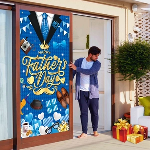 Father's Day backdrop banner for door with blue suit design and festive gift elements