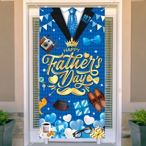 Father's Day party door banner with blue diamond pattern and festive male icons