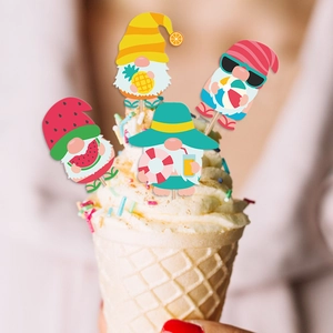 Set of 4 Summer Gnome Cupcake Toppers with Ice Cream and Beach Theme Party Decorations