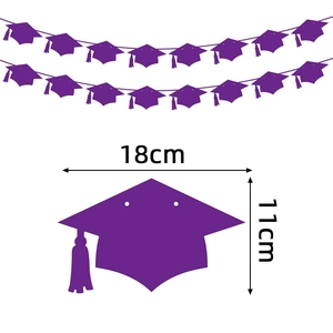 Purple graduation party banner with mortarboard hats and tassels for indoor celebration