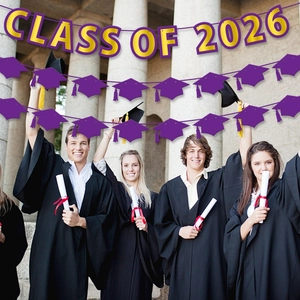 Class of 2026 graduation banner with gold letters and purple mortarboard caps decor