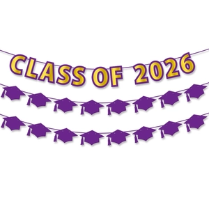 Class of 2026 graduation party banner set with gold foil letters and purple mortarboard caps