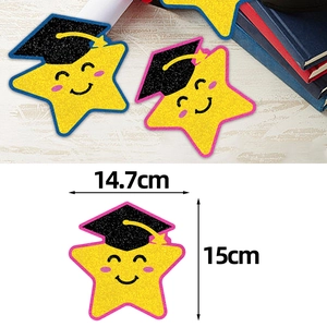 Star-shaped graduation table decor with black cap and cute smiley face, 15cm height