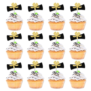 Graduation Cupcake Toppers Glitter Gold Black Scroll Diploma Design Dessert Decorative For Ceremony Party Celebration