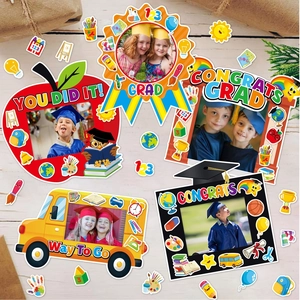 DIY graduation party photo frames set with yellow school bus and red apple theme designs