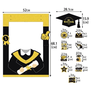 Graduation party photo booth frame and props set with black and gold gown design