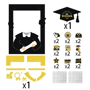 Detailed set of graduation photo props featuring frame, cap, and assorted slogan signs