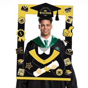 Graduation Photo Booth Frame Props Paper Glitter Black Gold Congrats Grad Party Celebration Decor DIY Novelty