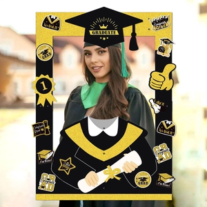 Classic black and gold graduation photo booth frame with congrats grad props and stickers