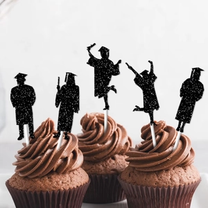 Glittery black graduation cupcake toppers featuring 5 unique graduate silhouettes on cupcakes