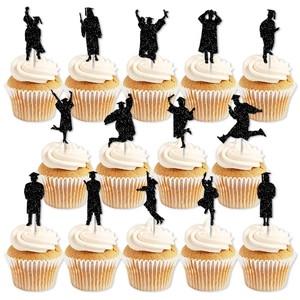 Glitter Paper Graduation Cupcake Toppers Black Graduate Silhouettes Party Cake Decoration For Celebration Event