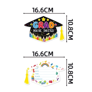 Graduation party invitation cards with mortarboard design showing front and back layout