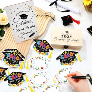2025 graduation party stationery set with wooden box, advice cards and cap invitations