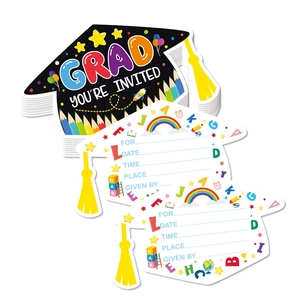 Colorful graduation party invitation cards in mortarboard shape with blank space to fill