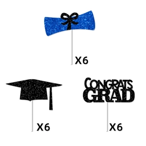 18-piece graduation cake topper set with blue scrolls and black glittery grad caps