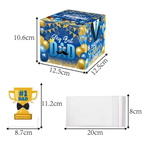 Father's Day blue gift box set with My Best Dad trophy card and dimensions detail