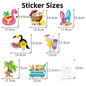 Detailed size chart for Hawaiian party hanging decorations featuring flamingo and palm tree