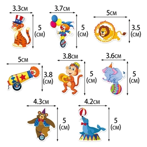 8-piece circus animal cake toppers with tiger and lion, including size measurements