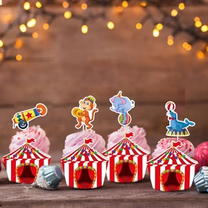 Circus party cake decoration set with striped tent border and animal cupcake toppers