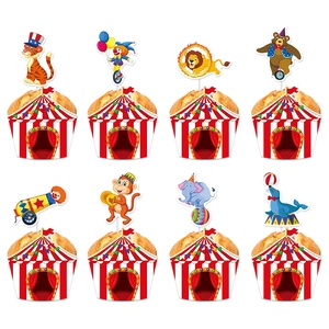 Circus themed cupcake toppers and red striped wrappers set featuring cute cartoon animals