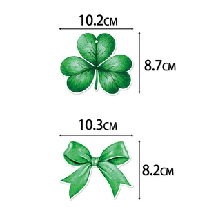 Green clover and bow charm decorations for St. Patrick's Day with size measurements
