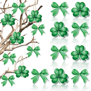 St Patrick's Day Green Shamrock And Bow Hanging Decorations For Irish Festival Party Supplies Paper Cardstock Gift Tags With Rope Decor
